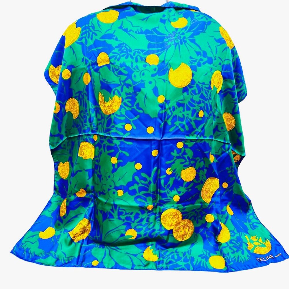 Vgt  Celine Paris 100% Silk Scarf Satin 34"  Green Blue Purple Floral Gold   (38 - Picture 3 of 16